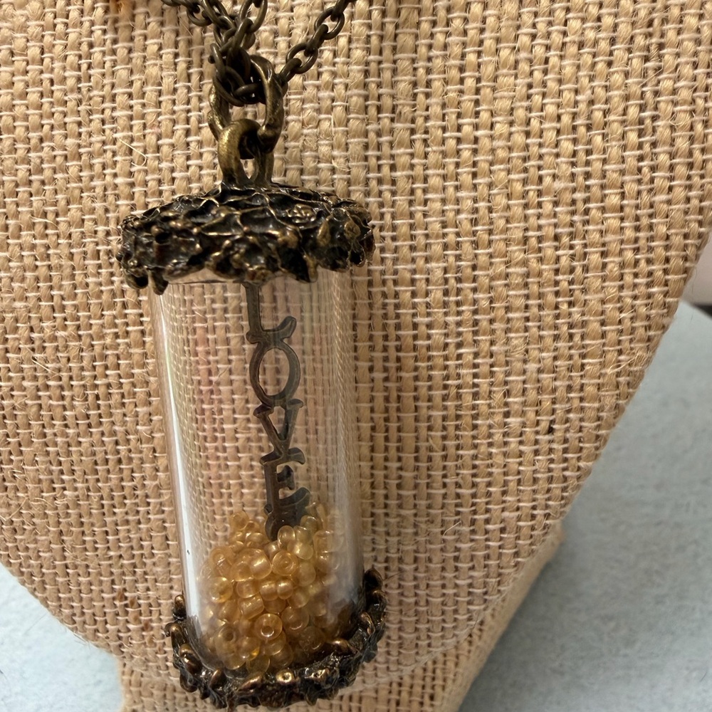 Vintage Tube / Cylinder Pendant Necklace - Love - Gold Beads